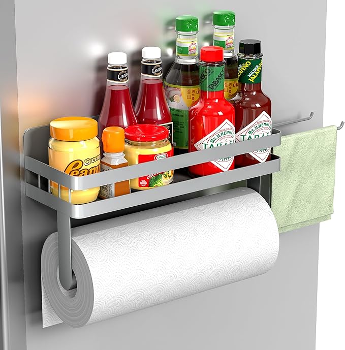 ZUNTO Magnetic Paper Towel Holder for Fridge, Strong Magnet Paper Towel Roll Holder with Spice Shelf and 2 Hooks, No Drilling Kitchen Organizer for Refrigerator, RV, Bathroom, Gray by ZUNTO