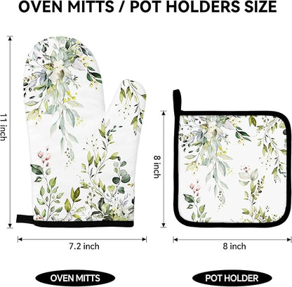 Eucalyptus Leaves Oven Mitts and Pot Holders Sets Sage Green Botanical Floral Kitchen Oven Gloves Hot Pads Farmhouse Potholders and Kitchen Mitts 4Pcs for Baking Cooking BBQ (White)