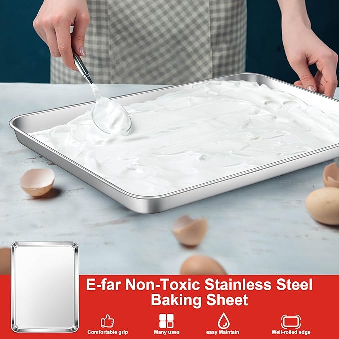 E-far Cookie Sheets Set of 3, 18”x13” Stainless Steel Baking Sheet Pans for Oven, Large Non Toxic Metal Baking Tray for Baking Roasting, Healthy & Rust Free, Mirror Finish & Dishwasher Safe - Image 4