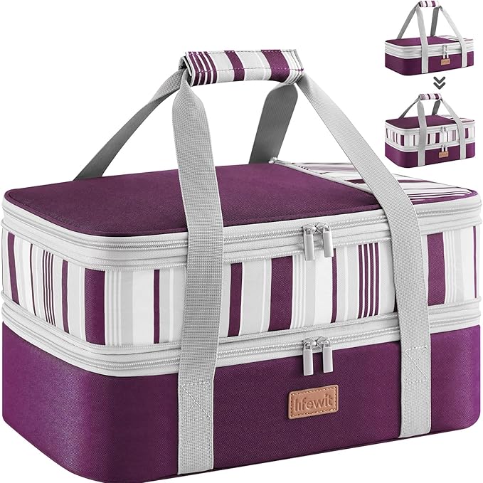 Lifewit Insulated Double Decker Casserole Carrier, Expandable Lasagna Lugger Tote Bag for Hot or Cold Food, Fits 9" x 13" Baking Dish for Potluck Parties, Picnic and Cookouts, Purple
