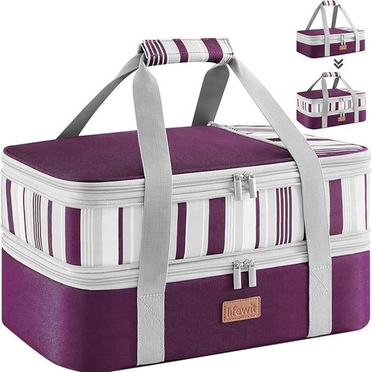 Lifewit Insulated Double Decker Casserole Carrier, Expandable Lasagna Lugger Tote Bag for Hot or Cold Food, Fits 9" x 13" Baking Dish for Potluck Parties, Picnic and Cookouts, Purple