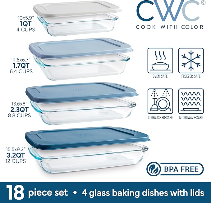 COOK WITH COLOR 8-Piece Deep Glass Baking Dish Set with Plastic Lids – Casserole and Food Storage Containers for Lasagna, Leftovers – Freezer-to-Oven, Microwave & Dishwasher Safe, Blue - Image 3