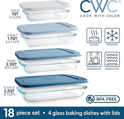 COOK WITH COLOR 8-Piece Deep Glass Baking Dish Set with Plastic Lids – Casserole and Food Storage Containers for Lasagna, Leftovers – Freezer-to-Oven, Microwave & Dishwasher Safe, Blue - Image 3
