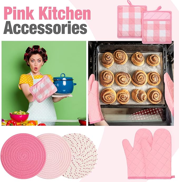 Sumind Pink Oven Mitts and Pot Holders 7 Sets, Heat Resistant Kitchen Gloves Pads Potholders for Mother Women Gifts Pot Holders Kitchen Accessories Gift(Pink White,Cotton,Plaid) - Image 4