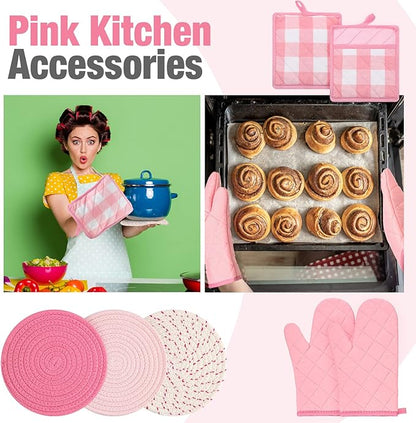 Sumind Pink Oven Mitts and Pot Holders 7 Sets, Heat Resistant Kitchen Gloves Pads Potholders for Mother Women Gifts Pot Holders Kitchen Accessories Gift(Pink White,Cotton,Plaid) - Image 4