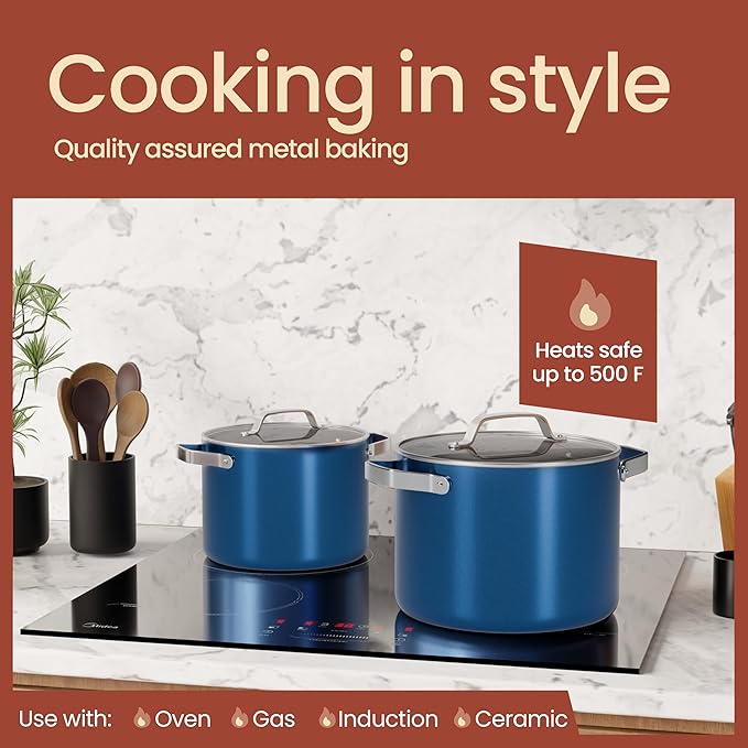 Bakken 5 Quart Ceramic Coated Stock Pot with Lid, Easy to Clean Nonstick Pot, Tempered Glass Lid, Riveted Stainless Steel Handles, Oven Safe Up To 500°F, PTFE & PFAS Free, All Stove Compatible, Blue - Image 3