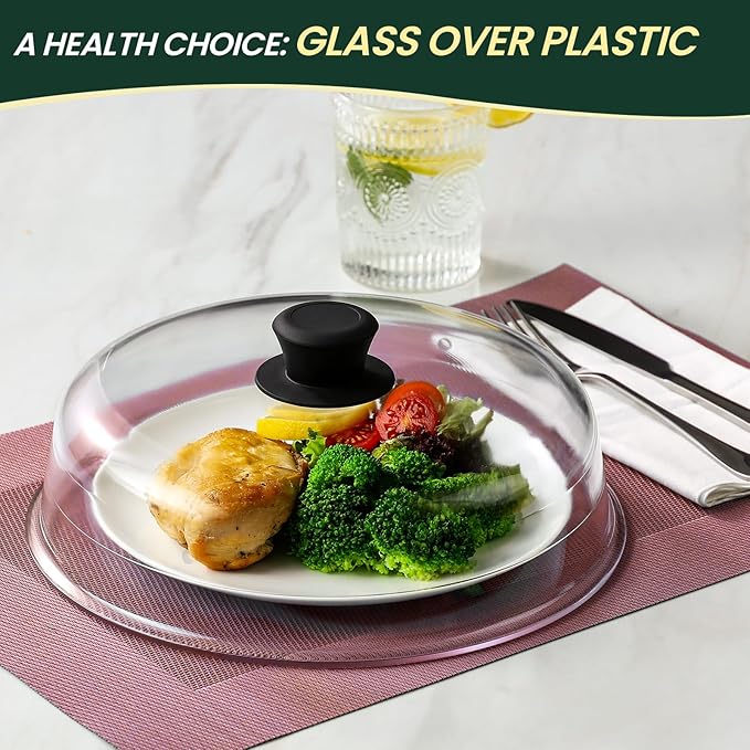 2 in 1, Glass Microwave Splatter Cover for Food & Microwave Place Mat, Plate Splatter Guard Lid with Easy Grip Silicone Handle Knob, Borosilicate Glass with Vent Hole, Food Grade, No Plastic, 10in - Image 5
