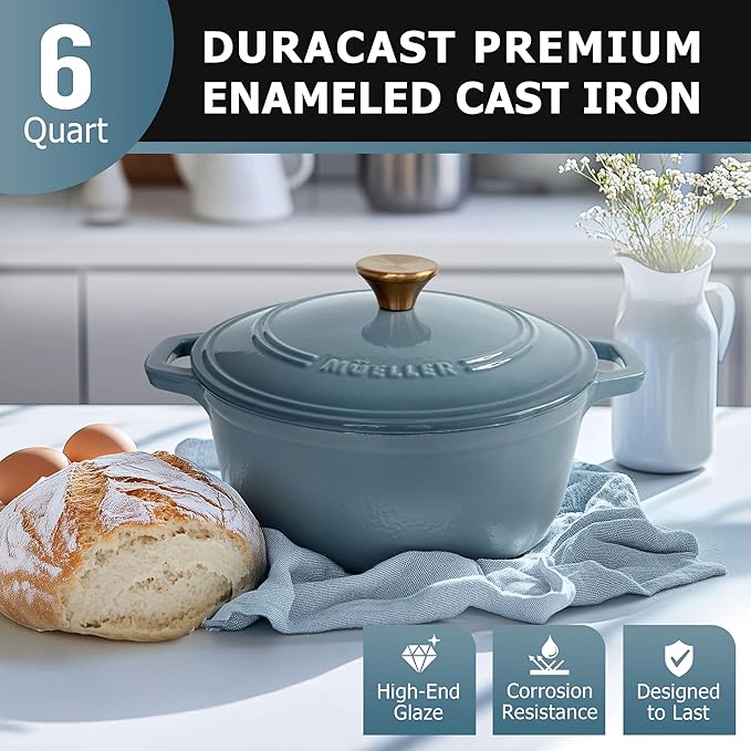 MUELLER HOME 6 Quart Enameled Cast Iron Pot Dutch Oven, Heavy-Duty, Oven-Safe up to 500° F & Across All Cooktops, Bread Pan with Lid & Knob, Cast Iron Cookware, Blue Kitchen Accessories, Mineral Blue - Image 2
