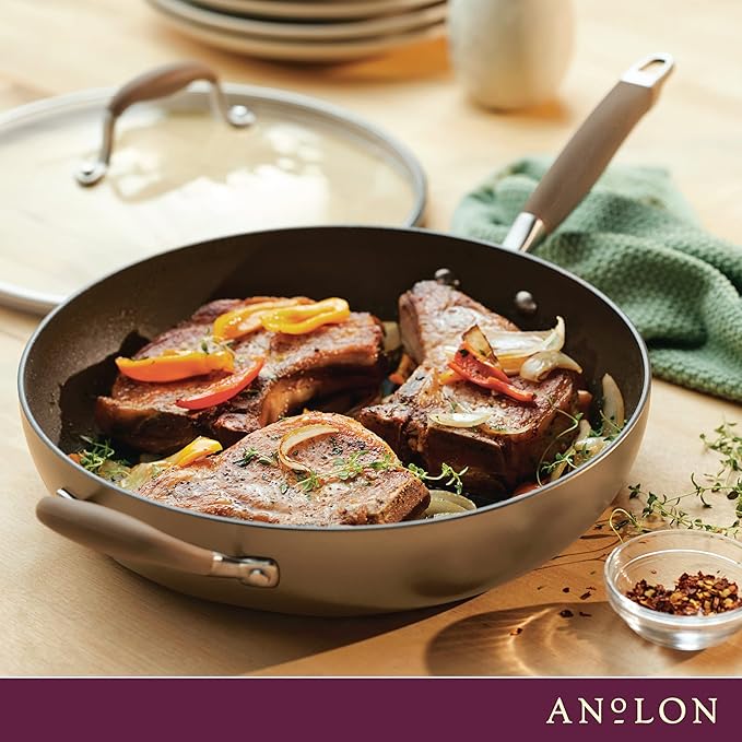 Anolon Advanced Hard Anodized Nonstick Deep Frying Pan/Skillet with Lid, 12 Inch, Aluminum, Bronze - Image 2