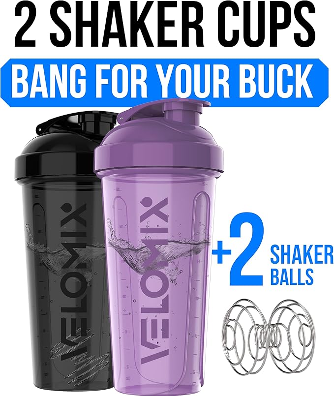 VELOMIX -2 Pack- 28 oz Protein Shaker Bottles for Protein Mixes - 2x Wire Whisk | Leak Proof Shaker Cups for Protein Shakes and Pre Workout | Protein Shaker Bottle Pack (Purple/Black)