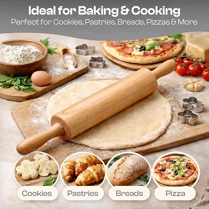 Wooden Rolling Pin 17.6 Inch with Rotating Ergonomic Handles – Classic Beech Wood Dough Roller for Baking Pizza, Pastry, Bread, and Cookies - Image 4