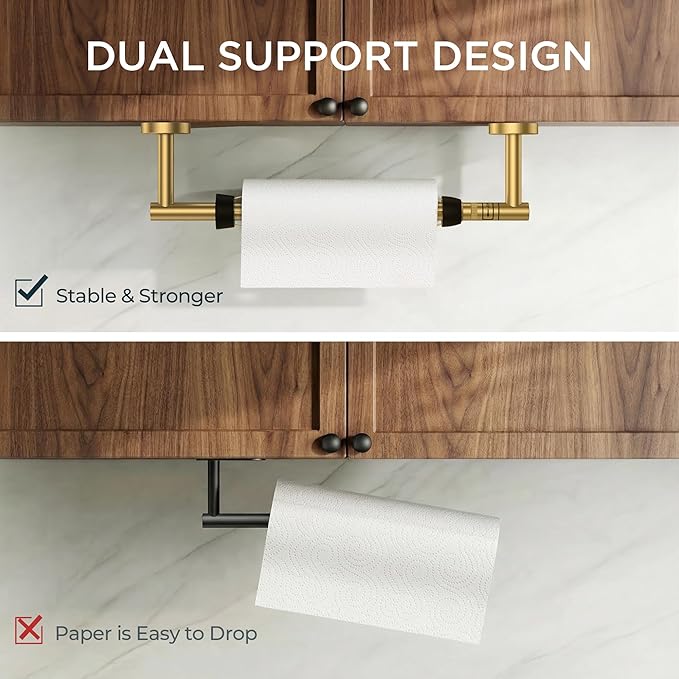 FORIOUS Paper Towel Holder Under Cabinet, SUS304 Wall Mounted Commercial Paper Towel Holder, One-Handed Tear Hanging Paper Roll Holder with Ratchet Mechanism for Kitchen Bathroom (Brushed Gold)