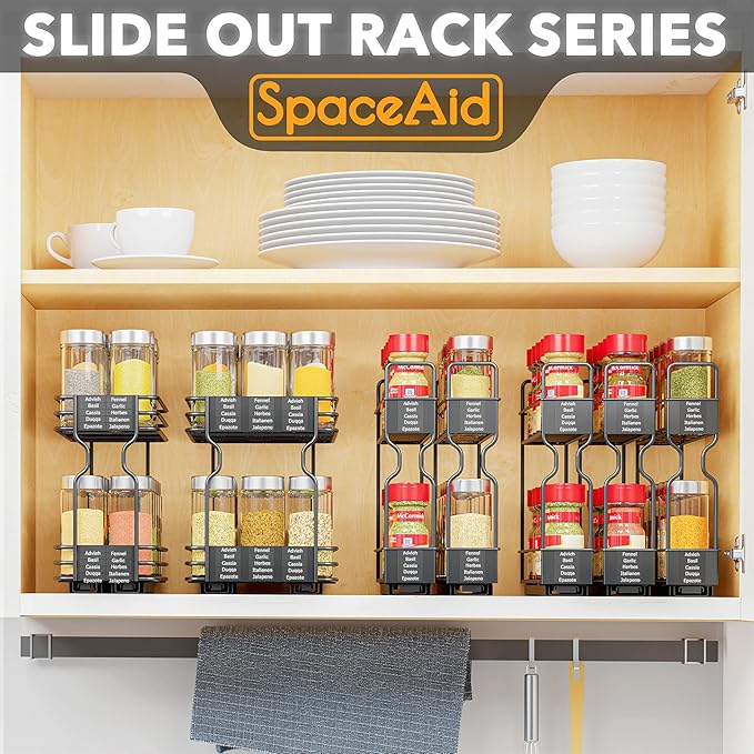 SpaceAid Pull Out Spice Rack Organizer for Cabinet, Heavy Duty Slide Out Seasoning Kitchen Organizer, Cabinet Organizer, with Labels, 7.7" W x10.75 D x10 H, 3 Drawers 2-Tier - Image 5