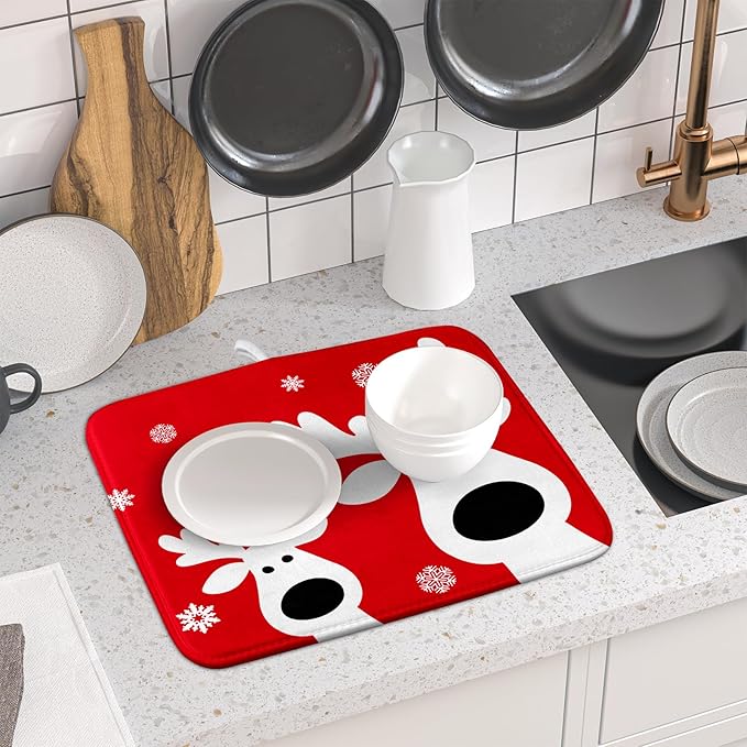 Xmas Dish Drying Mat for Kitchen Counter Cute Reindeer Holiday Snowflake Microfiber Absorbent Dish Draining Reusable Washable Foldable 16"x18" - Image 6