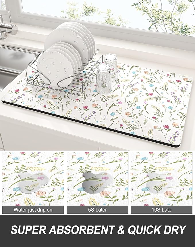 Rnivvi Dish Drying Mat for Kitchen Counter, 12 x 19" Cute Flower Theme Super Absorbent Draining Pad, Non-Slip Heat Resistant Coffee Bar Mat for Coffee Machine Station Accessories, White Dish Rack Pad - Image 3