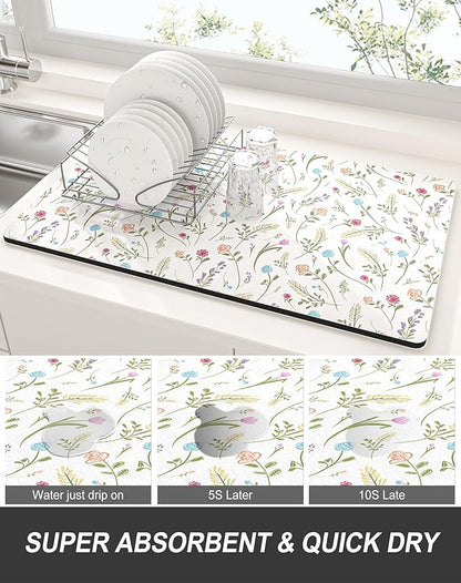 Rnivvi Dish Drying Mat for Kitchen Counter, 12 x 19" Cute Flower Theme Super Absorbent Draining Pad, Non-Slip Heat Resistant Coffee Bar Mat for Coffee Machine Station Accessories, White Dish Rack Pad - Image 3