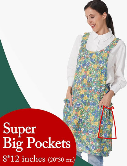Cozy Adjustable Cross Back Aprons for Women with Pockets Cotton Linen Cooking Kitchen Baking