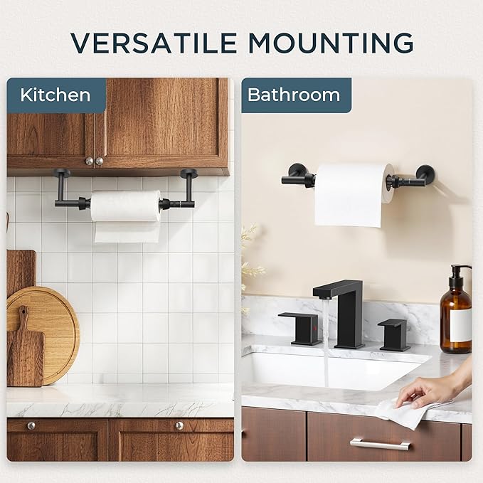 FORIOUS Paper Towel Holder Under Cabinet, SUS304 Wall Mounted Commercial Paper Towel Holder, One-Handed Tear Hanging Paper Roll Holder with Ratchet Mechanism for Kitchen Bathroom Matte Black