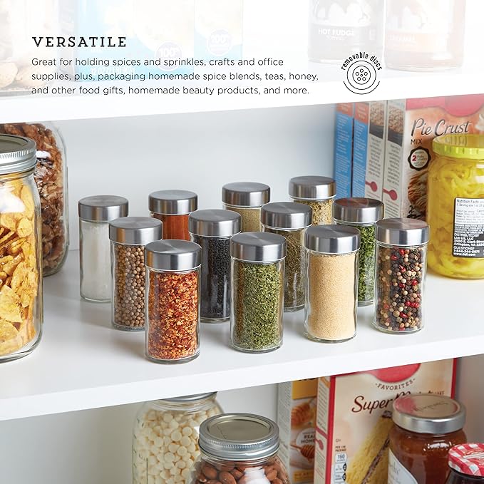 Kamenstein Clear Reusable 3 Oz Jars With Stainless Steel Shaker Lids, And Twist-On Caps For Airtight Seals 12 Pk - Image 3