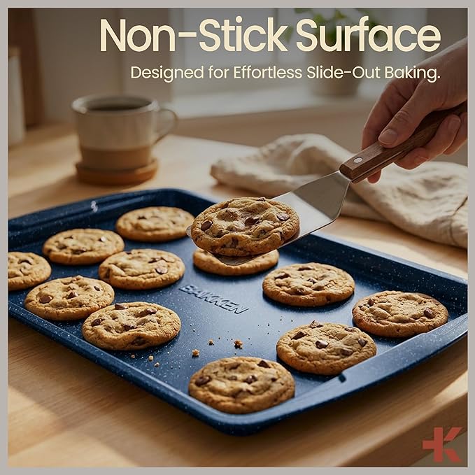 BAKKEN Kitchen Baking Pan Set - Nonstick Coating, Commercial Grade Carbon Steel Bakeware Sets, Baking Kitchen Essentials, PFOA, PFOS, PTFE Free, Oven Safe Tray (Up To 450° F), Set of 3, Blue Marble - Image 5
