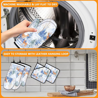 Deer Mitts and Pot Holders Sets 4Pcs,Extra Long Oven Gloves Potholder for Kitchen Cooking Baking BBQ 100% Cotton Heat Resistant - Image 5