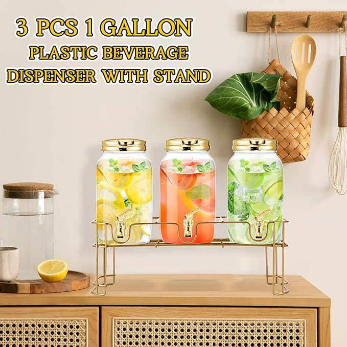Tanlade 3 Pcs Plastic Drink Dispenser with Stand Beverage Dispenser with Sturdy Metal Base Juice Dispensers for Parties Lemonade Jar Spigot for Weddings Countertop, Each 1 Gallon(Gold)