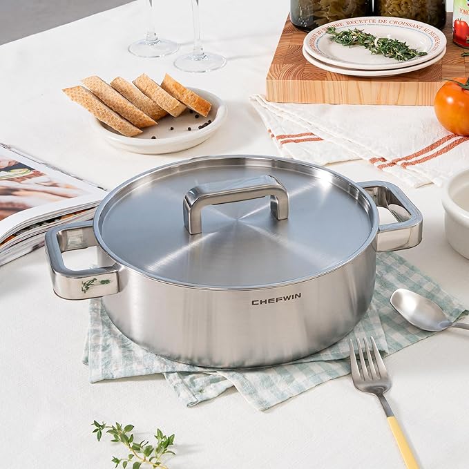 316 Stainless Steel 3.8 Quart Brazier with Lid Stew Pot, Induction Cookware, Dishwasher Safe & Oven Safe, Stay-Cool Silicone Handle