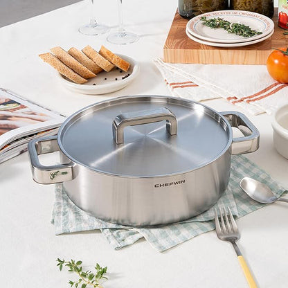 316 Stainless Steel 3.8 Quart Brazier with Lid Stew Pot, Induction Cookware, Dishwasher Safe & Oven Safe, Stay-Cool Silicone Handle