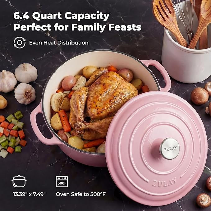 Zulay Kitchen 7.7 Quart Enameled Cast Iron Dutch Oven Pot with Lid – Premium Durability & Oven Safe up to 500°F – Heavy Duty Cookware Perfect for Bread Baking, Stews, Braising & Roasting – Pink - Image 6