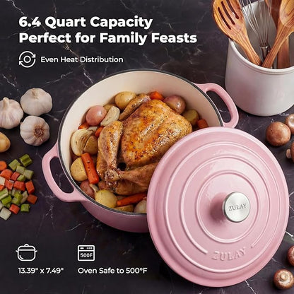 Zulay Kitchen 7.7 Quart Enameled Cast Iron Dutch Oven Pot with Lid – Premium Durability & Oven Safe up to 500°F – Heavy Duty Cookware Perfect for Bread Baking, Stews, Braising & Roasting – Pink - Image 6