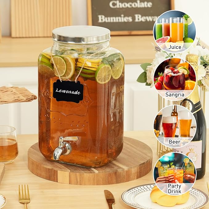 Moretoes 2 Gallon Glass Drinks Dispenser for Parties, Sun Tea Glass Jar for Outside Beverage Dispenser with Stainless Steel Spigot and Lid for Juice and Iced Tea, Pitcher - Image 6