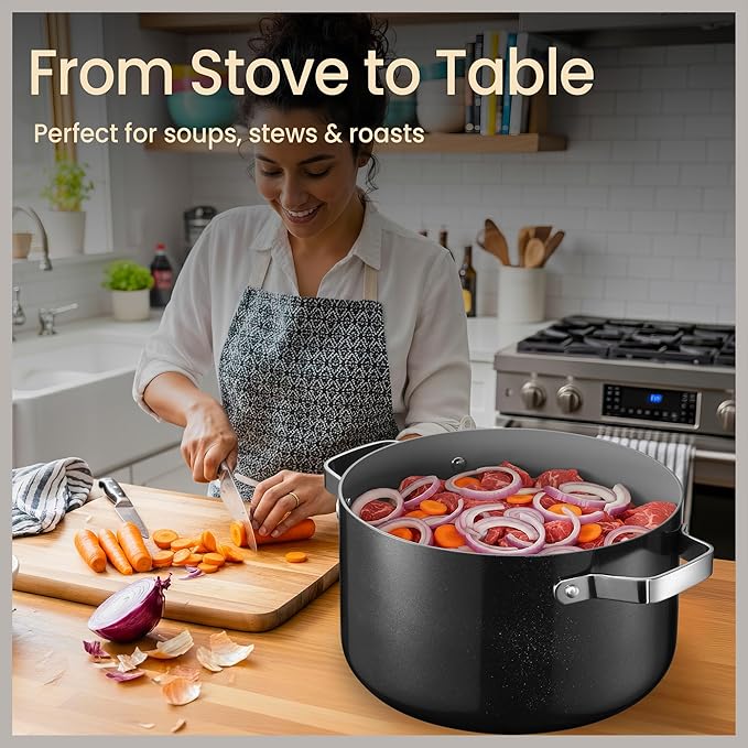Bakken 5 Quart Ceramic Coated Stock Pot with Lid, Easy to Clean Nonstick Pot, Tempered Glass Lid, Riveted Stainless Steel Handles, Oven Safe Up To 500°F, PTFE & PFAS Free, All Stove Compatible, Black - Image 5