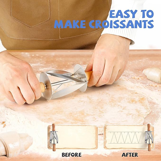 Stainless Steel Croissant Cutter, Irregular Roller Cutter with Wooden Handle, Useful Kitchen Baking Tool