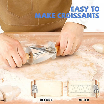 Stainless Steel Croissant Cutter, Irregular Roller Cutter with Wooden Handle, Useful Kitchen Baking Tool