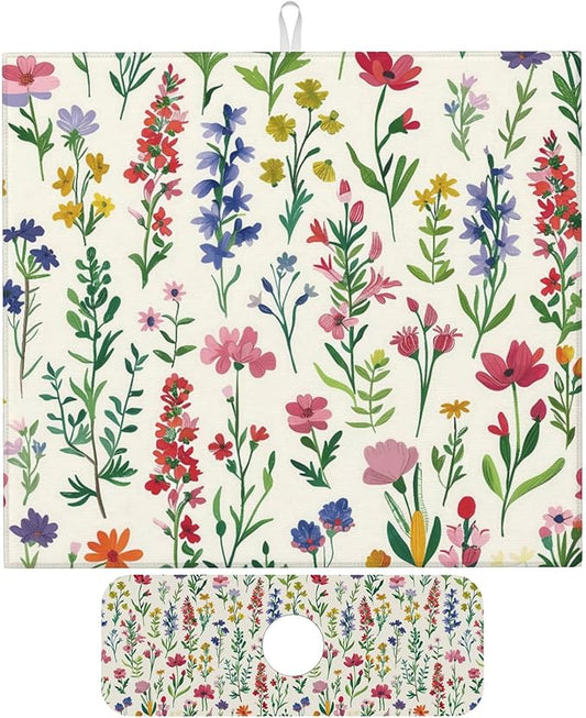 Watercolor Wildflower Dish Drying Mat for Kitchen Counter, 16"x18" Microfiber Absorbent Fast Dry Mat, 2Pcs Dish Mat Faucet Mats Sets, Large Drying Kitchen Mat Kitchen Drying Pad Coffee Bar Decor Gifts