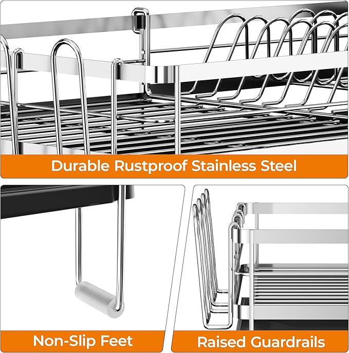 Delamu Stainless Steel Dish Drying Rack, Expandable Dish Drainer, Anti-Rust Large Dish Racks for Kitchen Counter, Dish Strainers with Drainboard, Utensil & Cup Holder, 13.4"-28.7" L x 11.8" W, Silver - Image 4