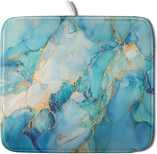 Marble Print Dish Drying Mat for Kitchen Counter,Blue Teal Turquoise Gold Drying Mat 16 x 18 Inch with Absorbent Reversible Microfiber Drying Pad for Coffee Bar by Anyako
