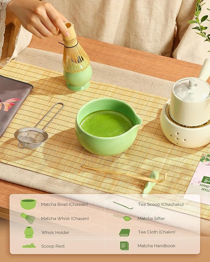 Maestri House Matcha Whisk Set, 7-Pc Complete Matcha Kit with Spouted Ceramic Bowl, Bamboo Whisk and Holder, Scoop, Spoon Rest & Sifter, Tea Cloth – Ideal Gift for Matcha Lovers (Green) - Image 2