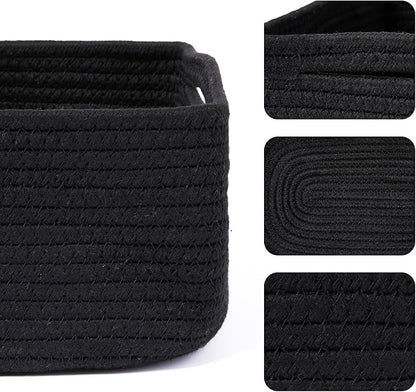 MiniArk Small Storage Baskets for Organizing | Closet Organizer Bins | Shelf Toy Basket | Woven Rope Baskets | Cube Decorative Box | Shallow Basket | 13x8.5x5.1” | 4 Packs Black