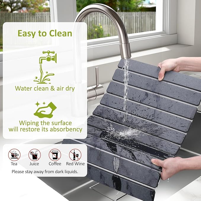 Large Stone Dish Drying Mat for Kitchen Counter, 24"(L)×16"(W), Collapsible Quick Dry Stone Dish Mats, Super Absorbent Diatomaceous Earth Drying Pad for Dishes Bottles Cups, Countertops (Marble) - Image 5