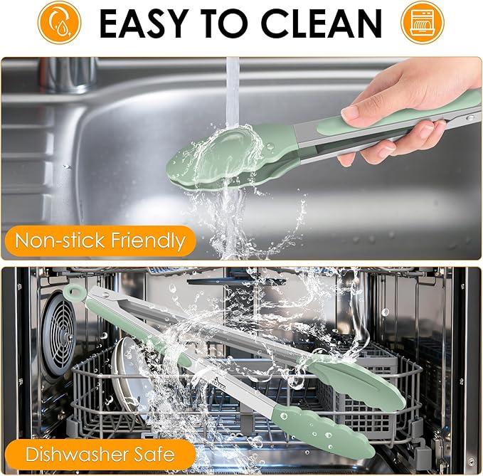 Hotec Premium Stainless Steel Locking Kitchen Tongs with Silicon Tips, Set of 2-9" and 12" Light Green - Image 7