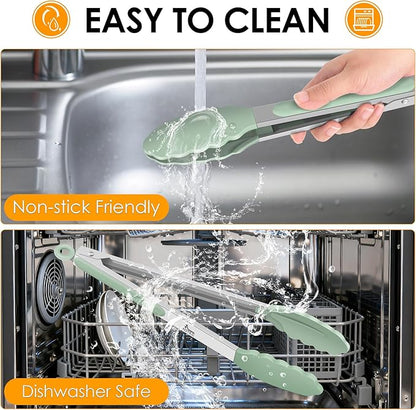 HOTEC Premium Stainless Steel Locking Kitchen Tongs with Silicon Tips, Set of 3-7", 9" and 12" (Light Green) - Image 7