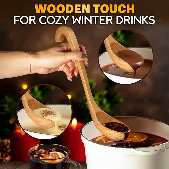 Wooden Ladle for Soup - 10.8x2.8" Deep Bamboo Ladle for Cooking and Serving, Comfortable Grip, Hook-End Handle for Storing - Easy-to-Clean Spoon that Doesn't Conduct Heat - Image 5