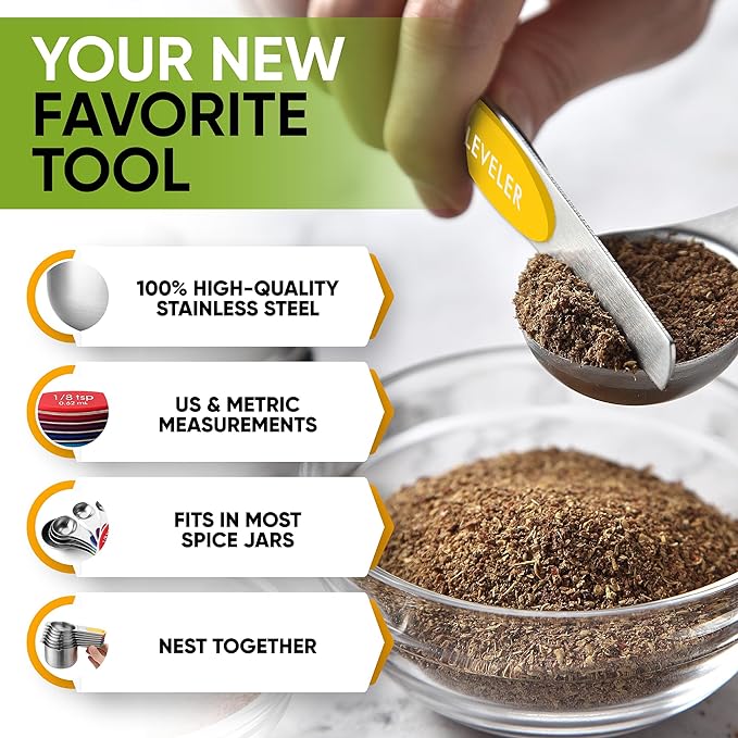 Spring Chef Magnetic Measuring Cups & Spoons Set, Patented, Strong N45 Magnets, Heavy Duty Stainless Steel Fits in Spice Jars for Baking & Cooking, BPA Free, Set of 15 with Leveler, Multicolor - Image 5
