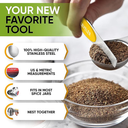 Spring Chef Magnetic Measuring Cups & Spoons Set, Patented, Strong N45 Magnets, Heavy Duty Stainless Steel Fits in Spice Jars for Baking & Cooking, BPA Free, Set of 15 with Leveler, Multicolor - Image 5