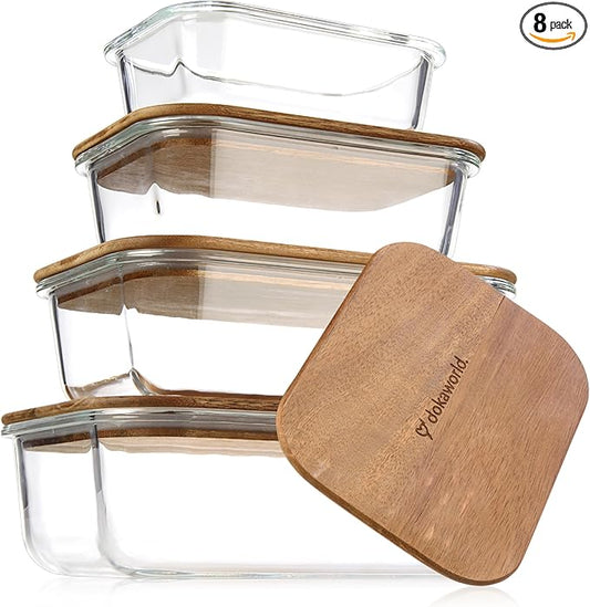 Glass Container Set with Acacia Lids - 4 Stackable Meal Prep Containers. Durable heat resistant Inert Borosilicate Glass by Dokaworld