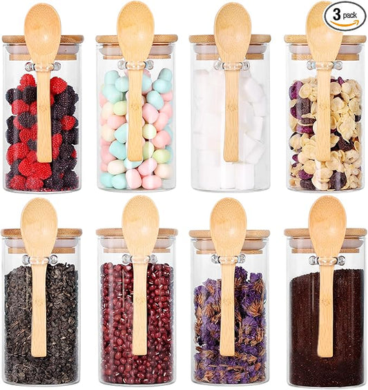 Glass Jar with Bamboo Lid and Spoon, 8Pack 10 OZ Tea Containers for Loose Leaf Tea, Salt and Sugar Containers for Countertop, Yogurt Jars for Overnight Oatmeal