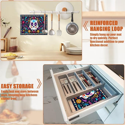 Sugar Skull Dish Drying Mat for Kitchen Counter Microfiber Absorbent Dish Day of the Dead Kitchen Drying Mat Draining Reusable Washable for Dishes/Utensils/Counterto