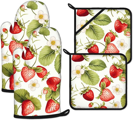 Red Strawberry Flower Oven Mitts and Pot Holders Sets Heat Resistant 4Pcs Potholders Oven Gloves Hot Pads for Kitchen Baking Cooking Grilling BBQ