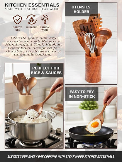 6-Piece Teak Wooden Kitchen Utensil Set – Nonstick Safe Cooking Spoons & Spatulas, Heat Resistant, Durable Natural Wood, Comfortable Grip Handles